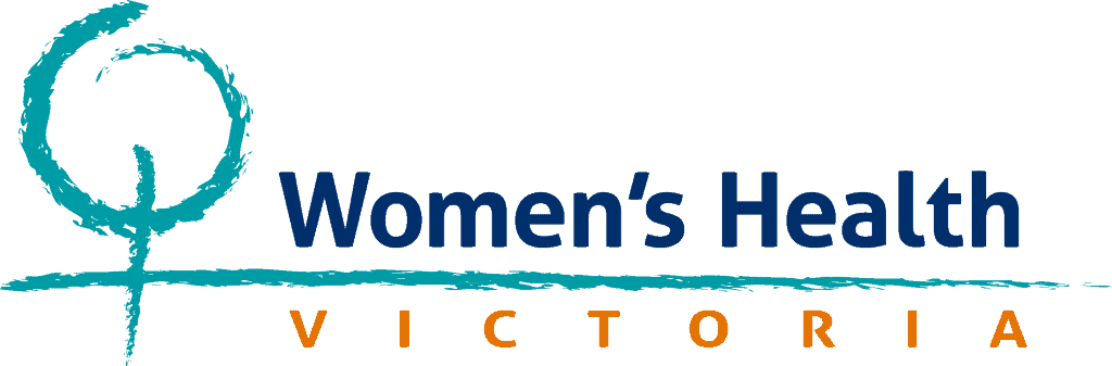 The Women's Health Victoria logo (Blue and orange writing with a teal women's symbol)