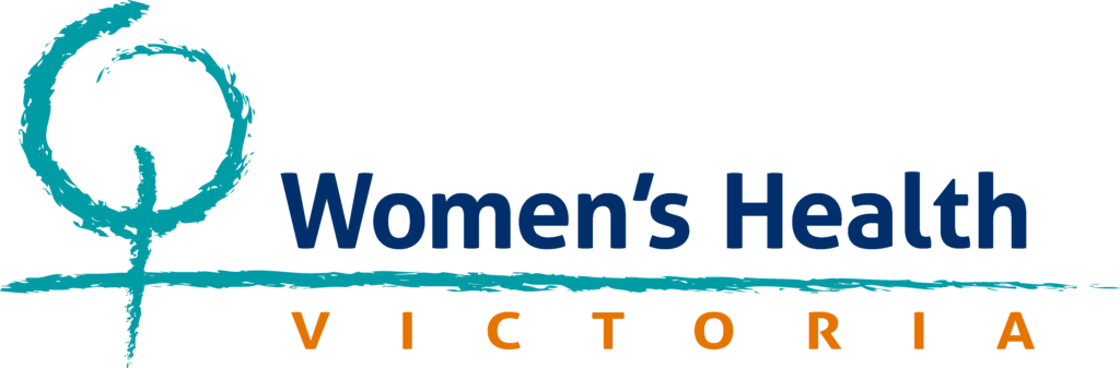 The Women's Health Victoria logo (Blue and orange writing with a teal women's symbol)