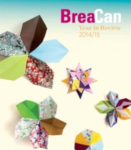 Cover of the BreaCan Year in Review, featuring a photograph of origami flowers made out of colourful paper.