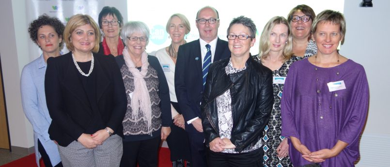 Photo of Natalie Suleyman, and other guests, with BreaCan staff and volunteers at the launch of Bridge of Support.
