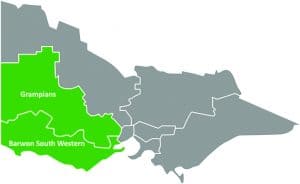 Stylised map of Victoria with Barwon South Western and Grampians regions in the south west of the state highlighted in green.