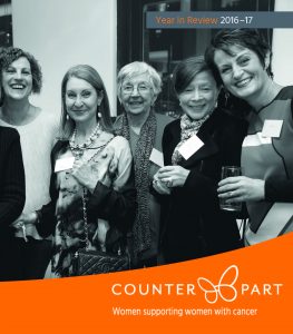 Cover of the Counterpart Year in Review 2016–17, with a black and white photograph of five of our volunteers and the Counterpart logo in white against a band of orange.