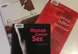 Covers of the books 'Woman cancer sex', 'Sexy after cancer' and 'Sex when you're sick'.
