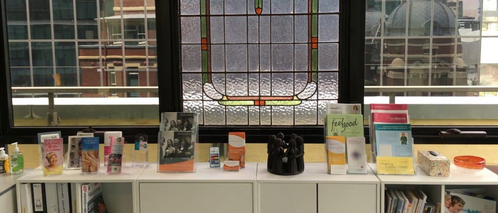 resource centre leadlight window and pamphlets