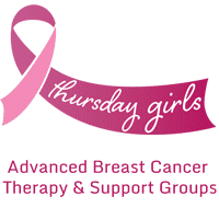 Thursday Girls logo (white writing on a pink ribbon). Advanced Breast Cancer Therapy and Support Groups.