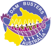 DAM BUSTERS AUSTRALIA logo with a drawing of women wearing pink in a purple dragon boat superimposed over a yellow outline of a map of Australia.