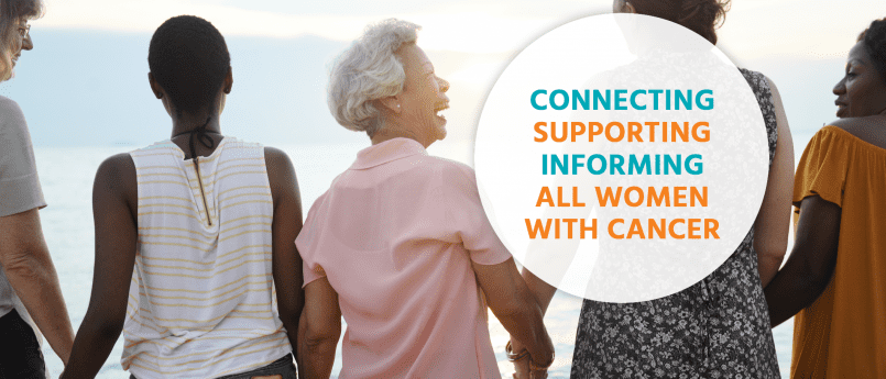 A group of women of different ages and backgrounds linking arms and smiling. Text overlay saying 'connecting, supporting, informing all women with cancer'.