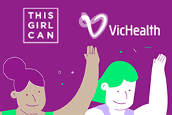 This Girl Can and VicHealth logo on a purple background with two cartoon women waving their arms.