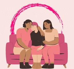 Illustration of two people comforting a friend with cancer. All three are sitting on a couch.