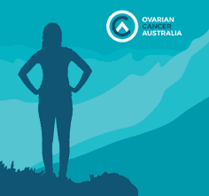 Cover of the Life Following Ovarian Cancer booklet. Teal silhouette of a woman standing on a hilltop looking out at the view.