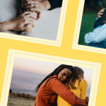 Collage of people hugging or holding hands against a yellow background.