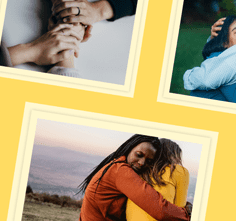 Clips of photos of people holding hands or embracing, on a yellow background.