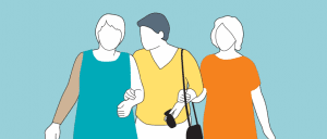 Illustration of 3 friends walking with arms linked. One is wearing a lymphoedema sleeve.