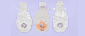 3 stoma bags on a mauve background