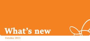 What's New October 2023 with brandmark and orange background