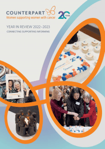 Cover of the Year in Review, with a graphic swirl containing photos from a party, including a cake with Counterpart 20 years written in icing.