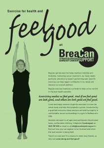 Flyer in black ink on green, with a photo of a woman exercising and Feel