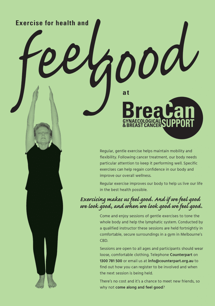 A flyer in black printed on a light green with Feel Good written across the top in cursive font, and a photo of a woman stretching her arms above her head.