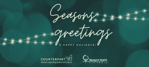 Graphic with Seasons greetings & Happy Holidays! in cursive writing with decorative lights in the background and Counterpart and Women's Health Victoria logos across the bottom.