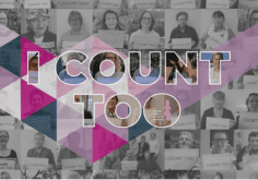 A collage of dozens black and white photos of women with the words 'I count too' overlaid.