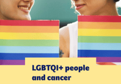 Closely cropped photo of two women stand side by side holding rainbow flags and smiling at each other. Text overlay says LGBTI+ people and cancer.