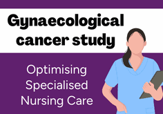 Gynaecological cancer study: Optimising specialised nursing care. Illustration of a nurse in scrubs,