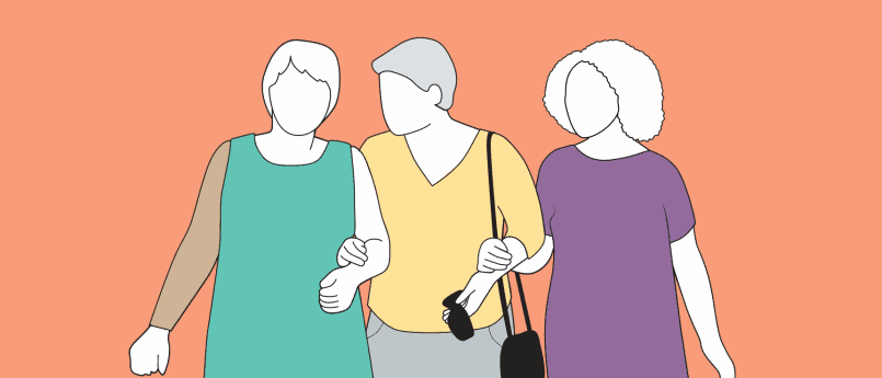 Illustration of three friends with linked arms. The woman on the left is wearing a compression sleeve.