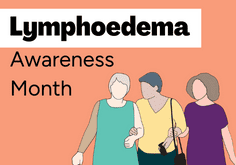 Lymphoedema awareness month. Stylised illustration of a group of women walking together. One wears a compression sleeve on her arm,