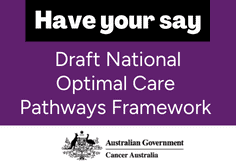 White text on black: Have your say
White text on purple: Draft national optimal care pathways framework,
Australian Government seal in black on a white strip across the bottom.