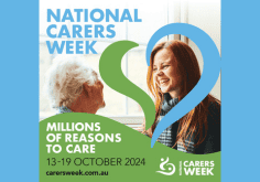 National Carers Week branded image. Image of side profile older woman smiling with a younger woman. 'Millions of reasons to care' slogan in bold with the date and website address. 