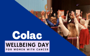 'Colac Wellbeing Day for women with cancer' on blue background. To the right is an image of seated women with hands in the air during chair yoga session.