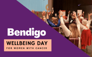 "Bendigo wellbeing day for women with cancer" in white text, purple background. An image of women in an exercise session from previous wellbeing day on the right hand side of the rtext.