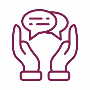 icon of speech bubble in between two open hands,