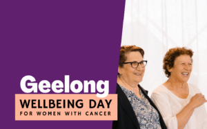 "Geelong Wellbeing Day for women with cancer" with image on the right of two women looking and smiling to the side.